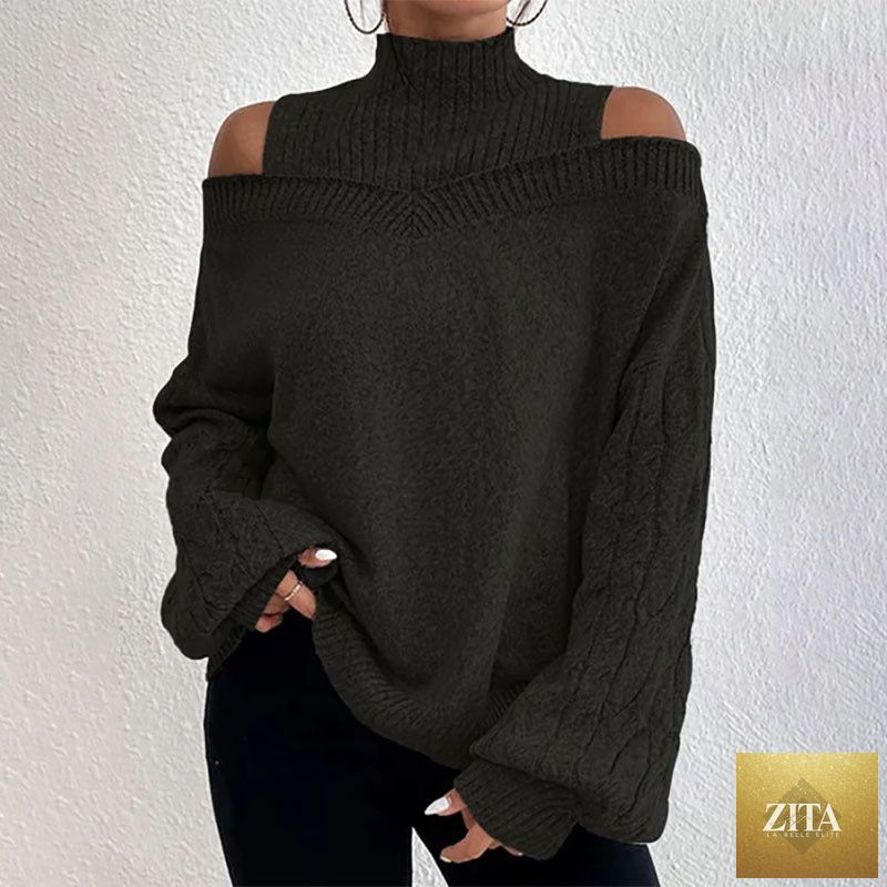Women’s elegant off-shoulder turtleneck sweater by FitiqueFit, featuring long sleeves and a stylish knit design for casualwear.