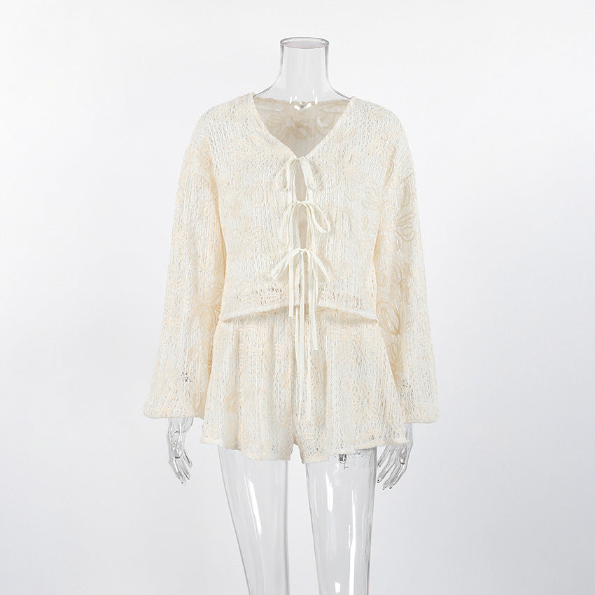 FitiqueFit V-neck long sleeve lace-up top and shorts two-piece set, stylish and comfortable for casual wear.