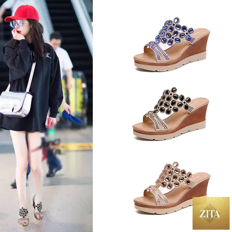 Women rhinestone platform sandals with heels featuring sparkling embellishments, stylish slip-on design from Trendy Attic Store01