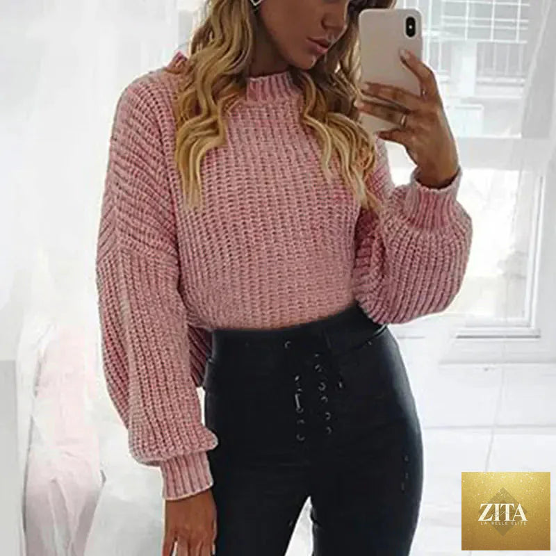 Fitted casual knit sweater for women featuring a cozy design, in a neutral color, worn by a model showcasing the stylish fit.