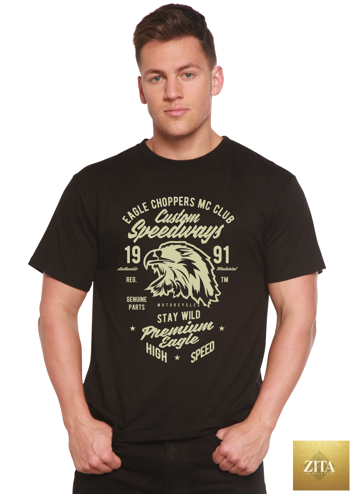 Spun Bamboo men's custom eagle graphic T-shirt made from bamboo viscose and organic cotton, short sleeve, casual wear.