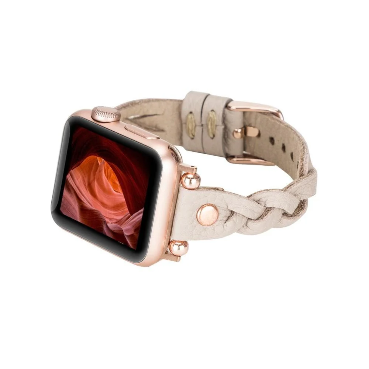 Leather Apple Watch band in light beige with braided design by LEATHERE, designed for a stylish and comfortable fit.