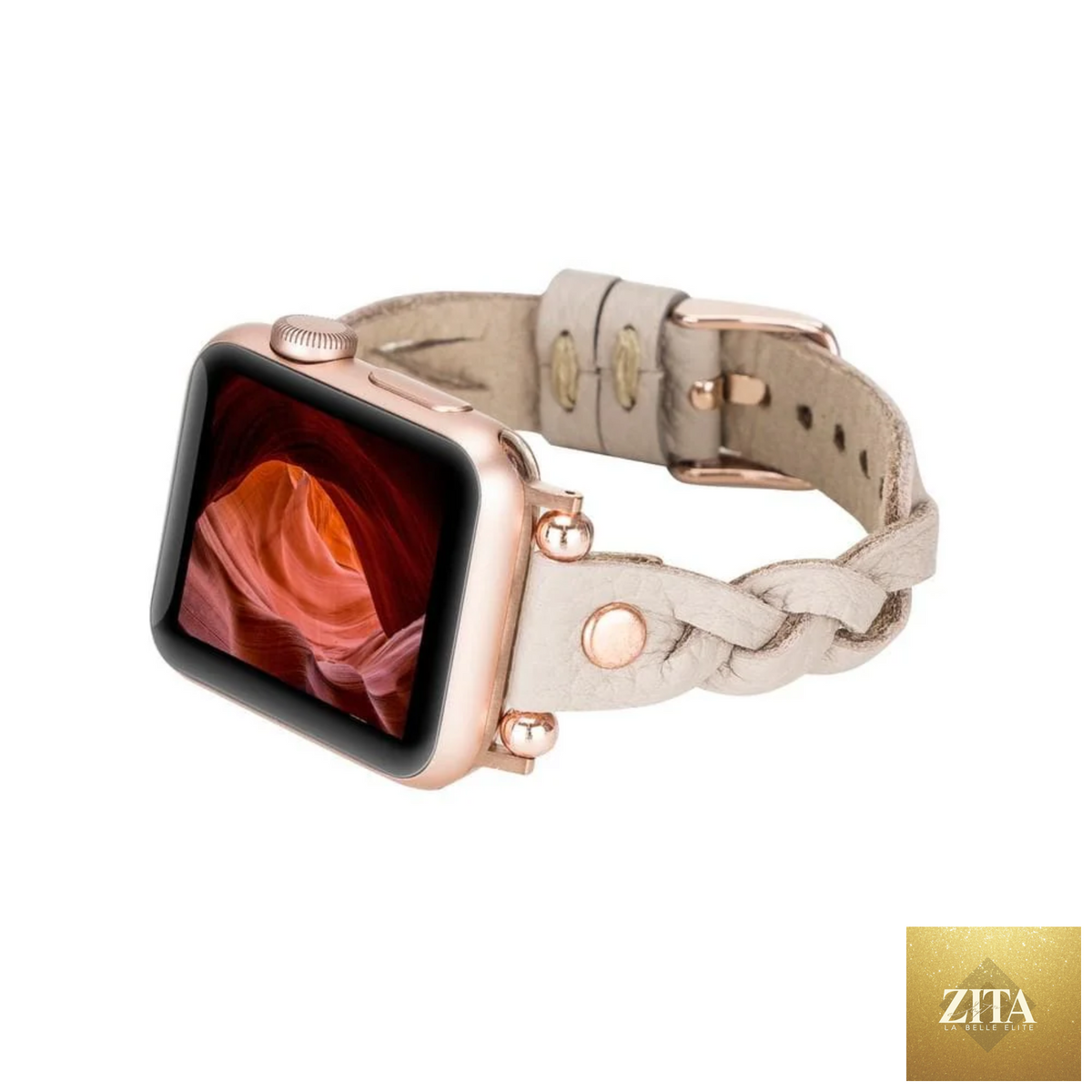 Leather Apple Watch band in light beige with braided design by LEATHERE, designed for a stylish and comfortable fit.