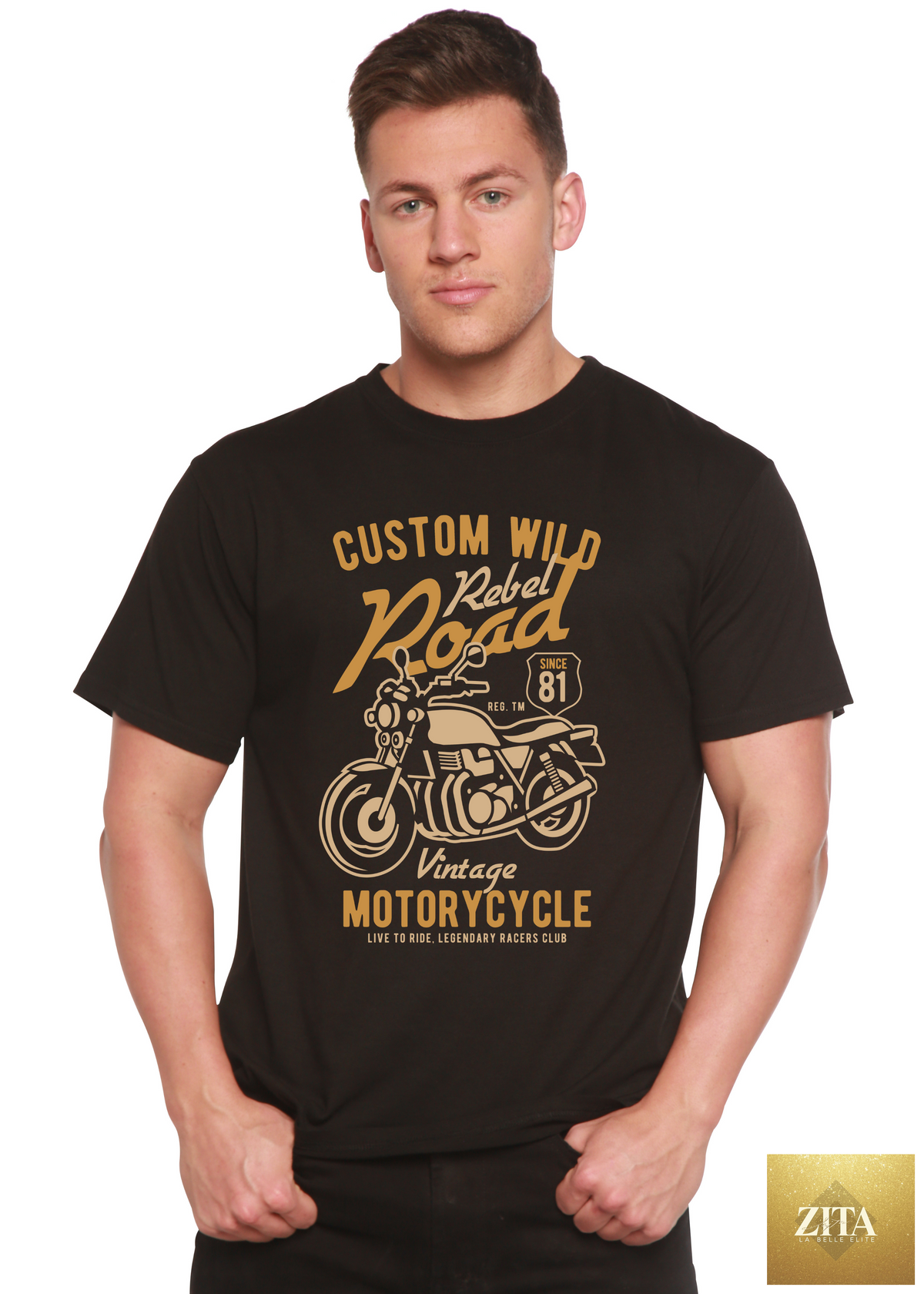 Spun Bamboo men's custom graphic T-shirt made from bamboo viscose and organic cotton, featuring a vibrant printed design.