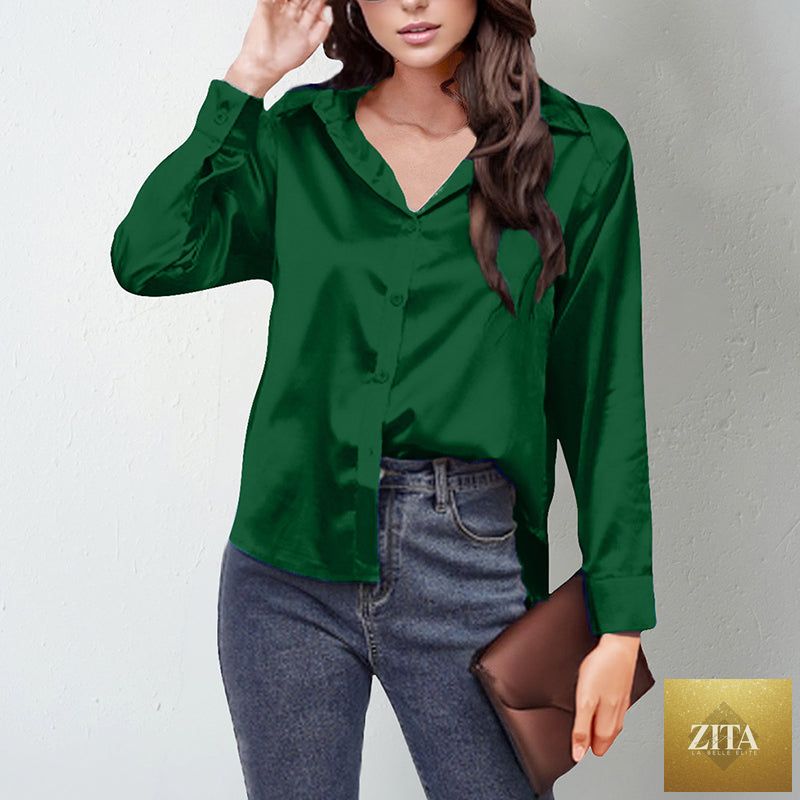 Women’s satin lapel button-down blouse by FitiqueFit, casualwear style, shown in soft satin fabric with classic collar and button closure.