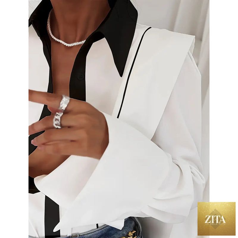 Women’s black and white colorblock casual shirt by FitiqueFit, featuring a stylish colorblock design and comfortable fit.