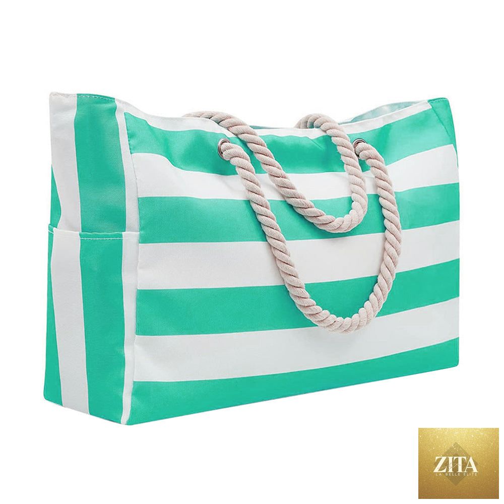 Embroidered striped beach bag by Social Buzz eSIMs with large capacity, showing colorful woven design and sturdy handles.