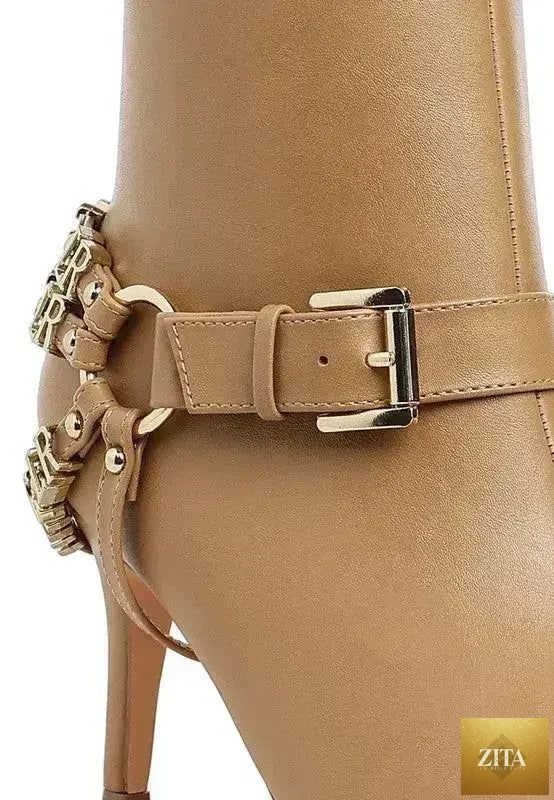 Femstylo buckle harness stiletto boots with 3-inch heels, featuring sleek design and stylish footwear details.