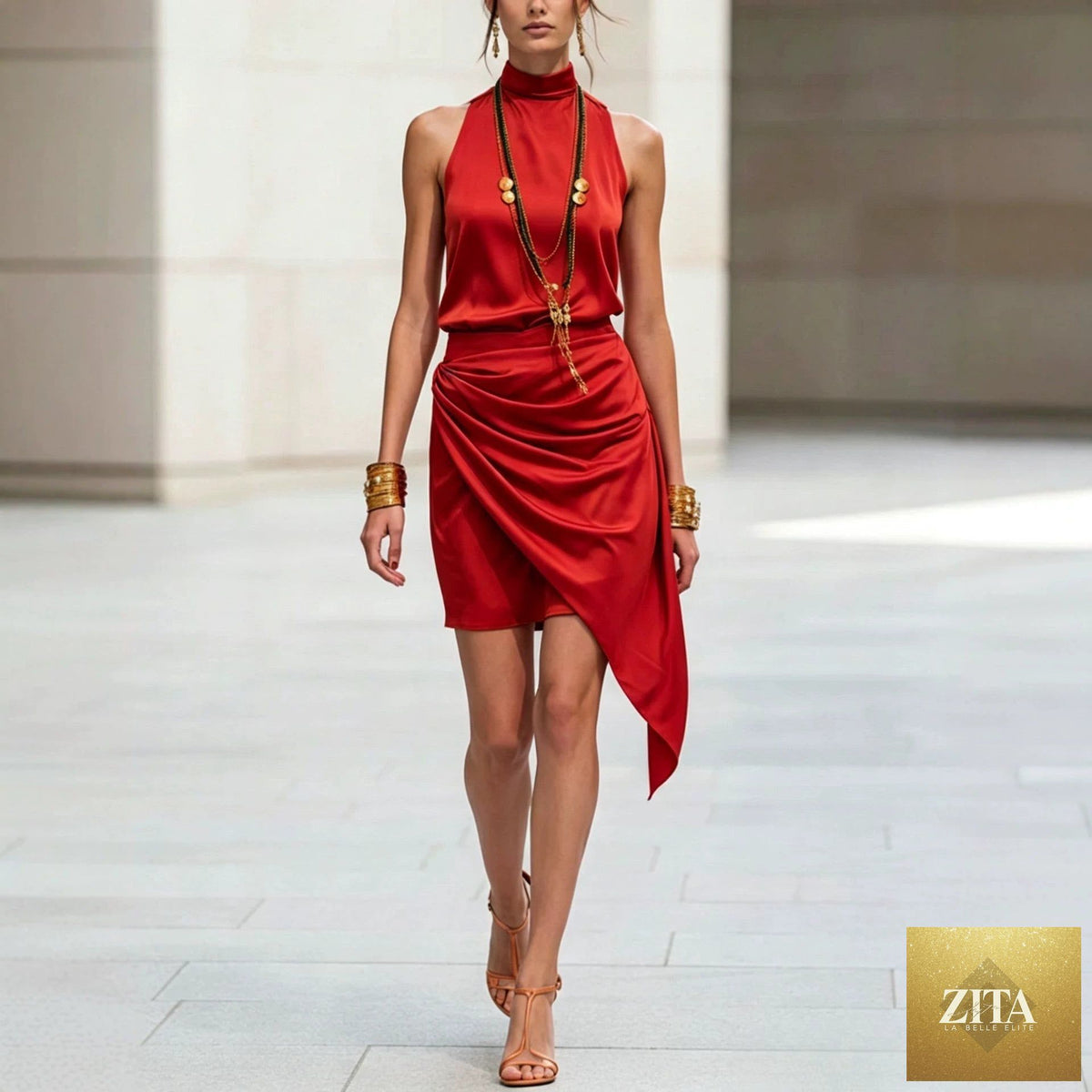 Women's double-layer asymmetrical hem mini skirt in casualwear style by Zita La Belle Elite, shown with a flowing fabric design.