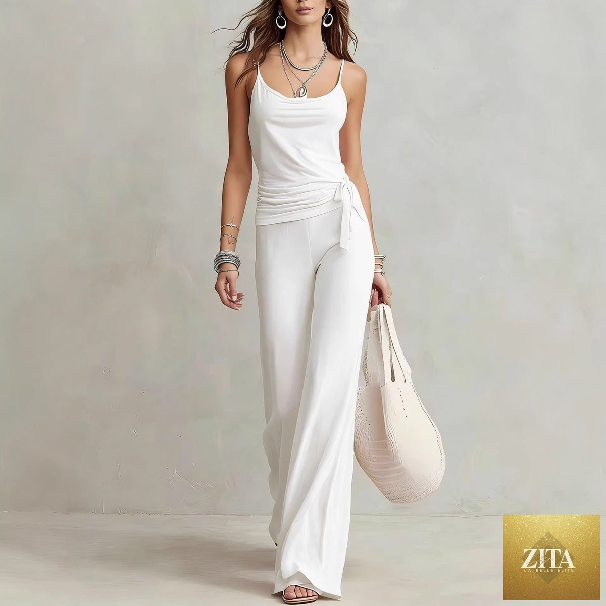 Zita La Belle Elite women's solid color sleeveless top and pants two-piece casualwear set, stylish and comfortable for everyday wear.