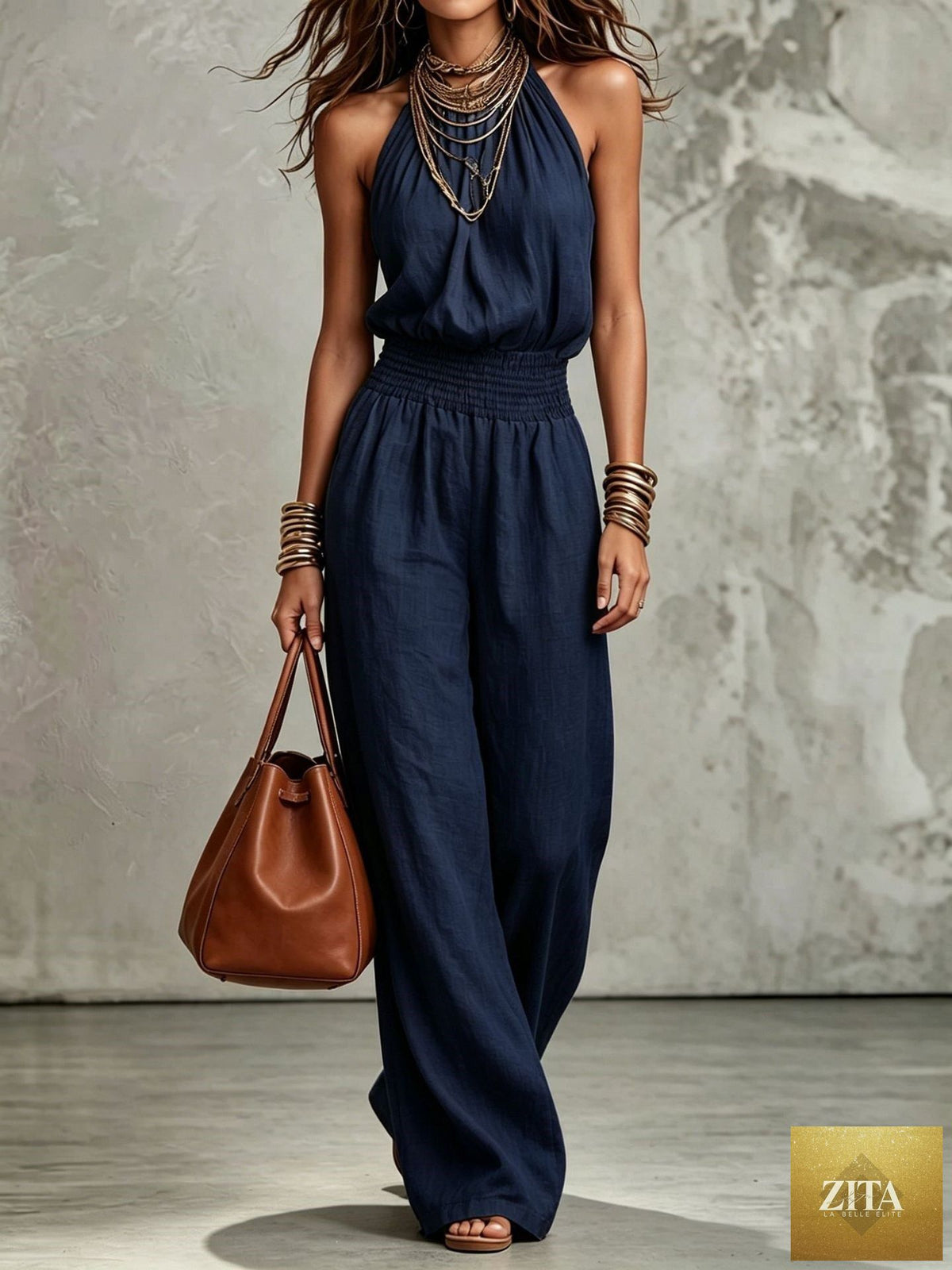Women's sleeveless backless lace-up halter wide-leg jumpsuit in casualwear style, by Zita La Belle Elite, shown on a model.