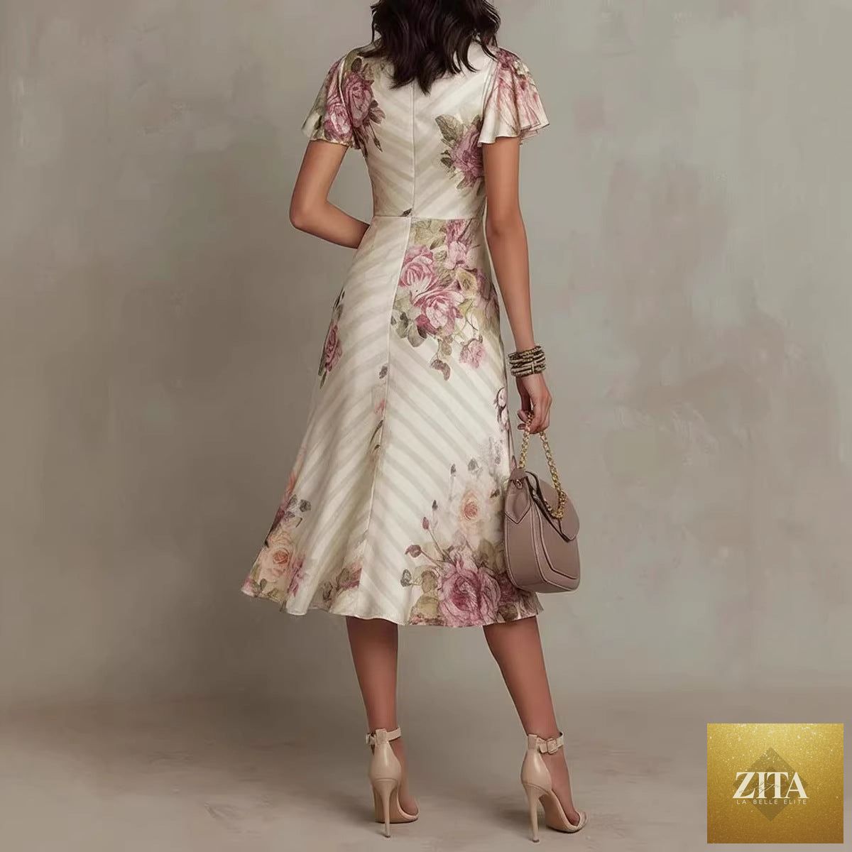 Zita La Belle Elite ruffled hem maxi dress with V-neck satin fabric and color block design, featuring an A-line silhouette.