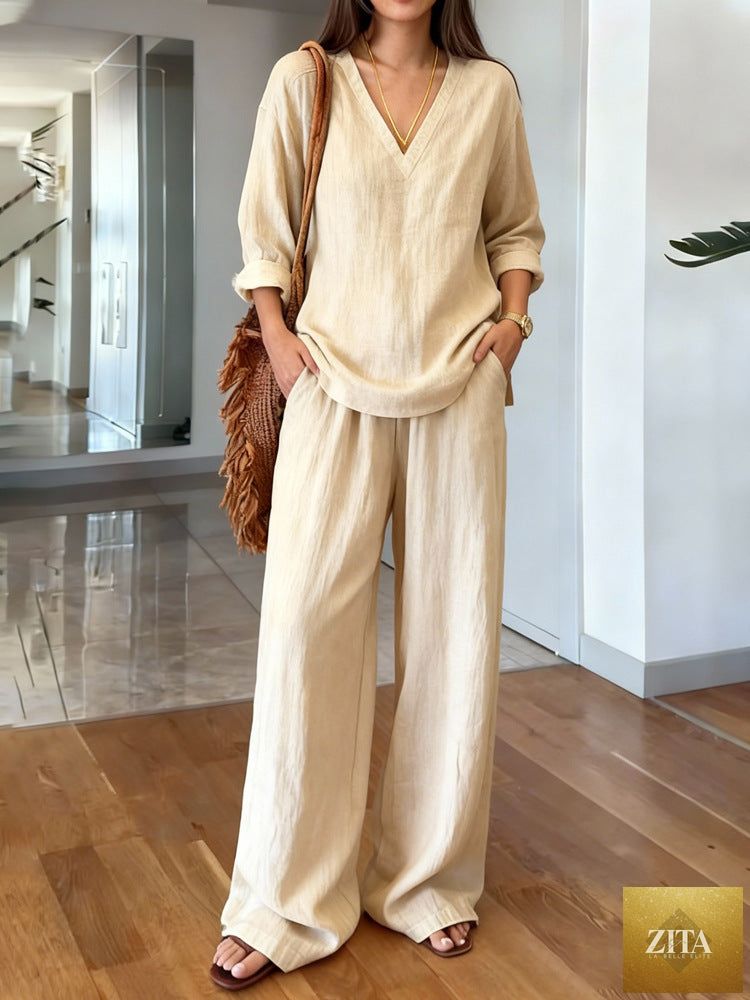 FitiqueFit long sleeve top and full-length pants two-piece set in various colors, featuring a comfortable, stylish design.
