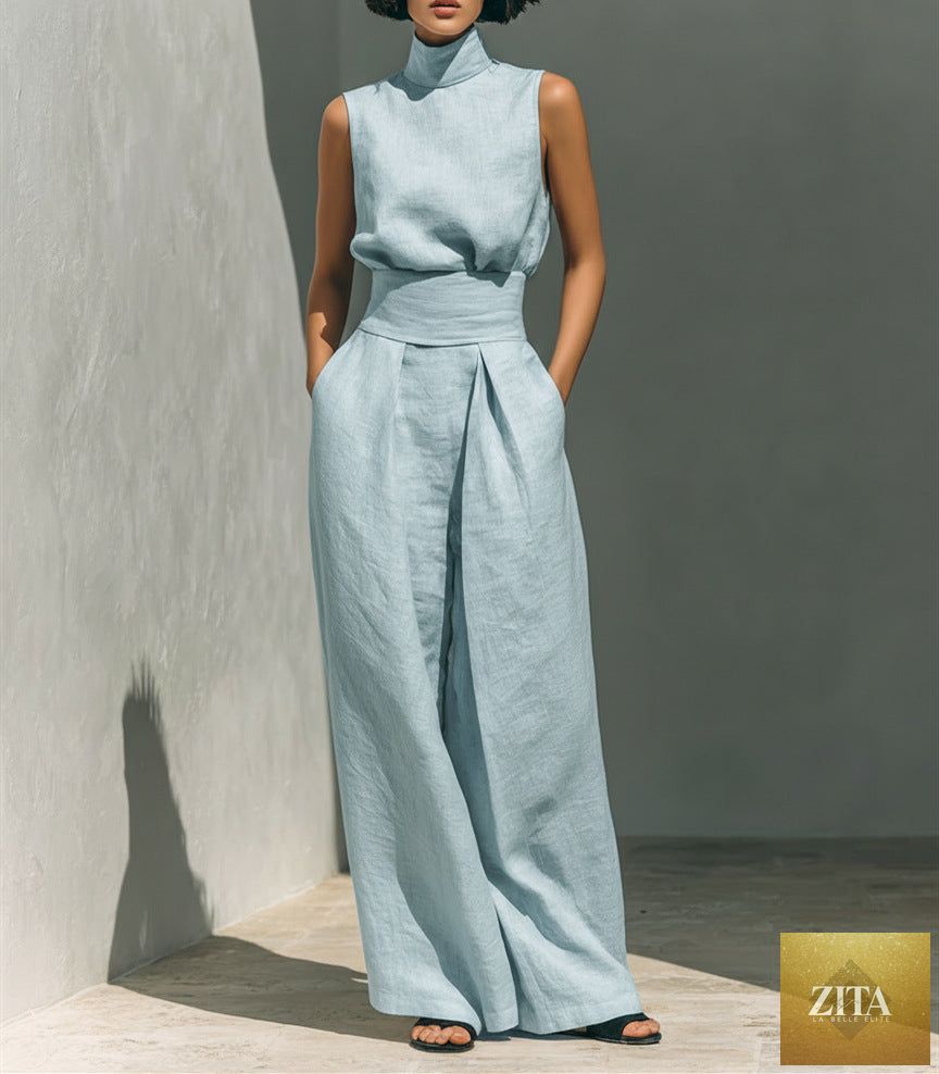 Casual sleeveless summer suit by LadyShow.Store featuring a stand-up collar pullover top and loose straight-leg trousers for women