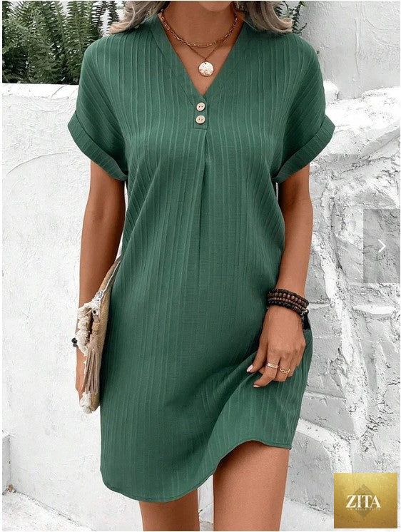 FitiqueFit short sleeve button-front V-neck dress in solid casual style, featuring a relaxed fit and classic design.
