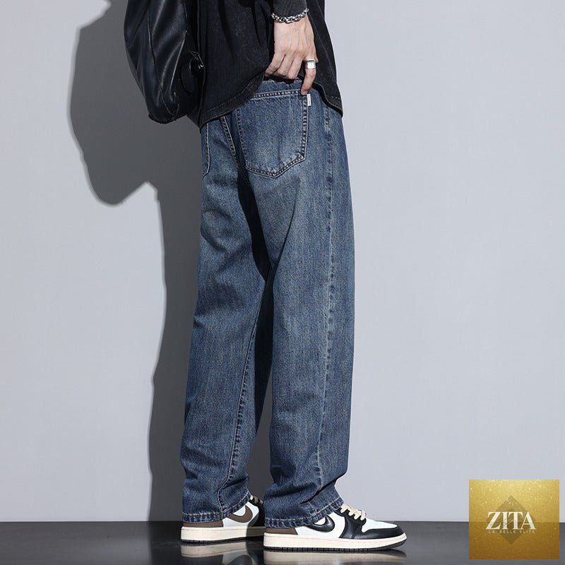 Mandotos men's fleece-lined American style retro straight leg high street pants, featuring classic design and comfortable fit.