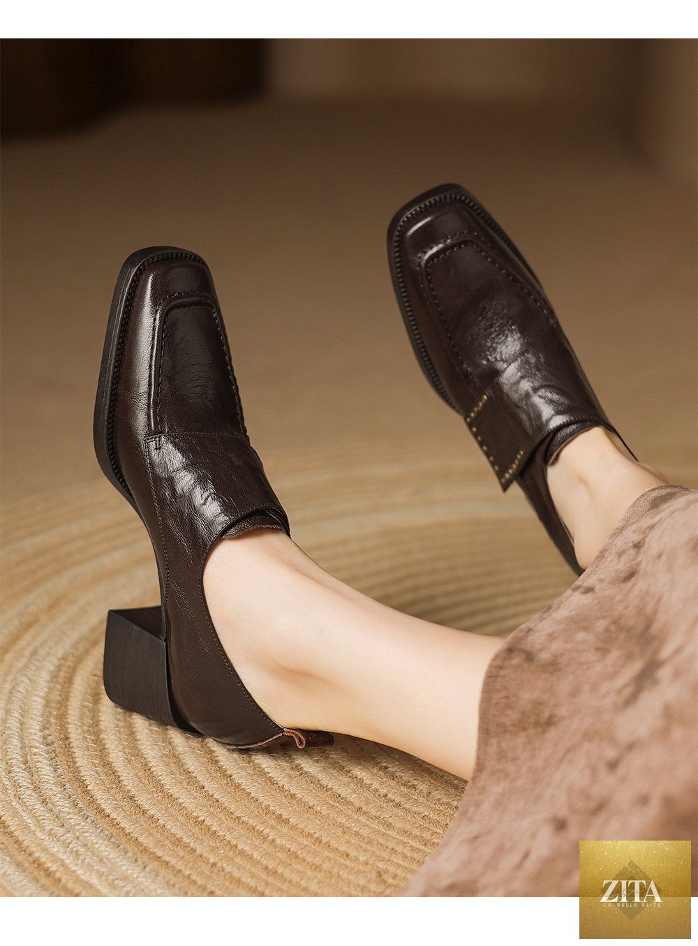 Women's British style square toe chunky heel pumps by Zita La Belle Elite with deep vamp and studded details.