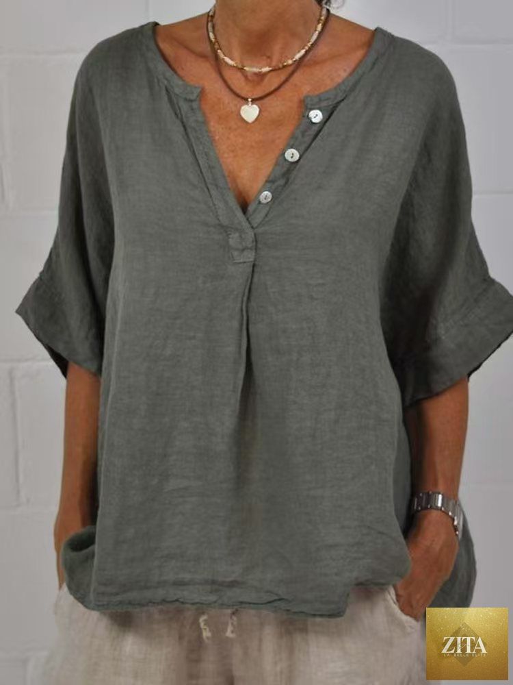 Women's cotton linen V-neck button-up shirt by Zita La Belle Elite, casualwear in a relaxed fit with front buttons and a V-neckline.