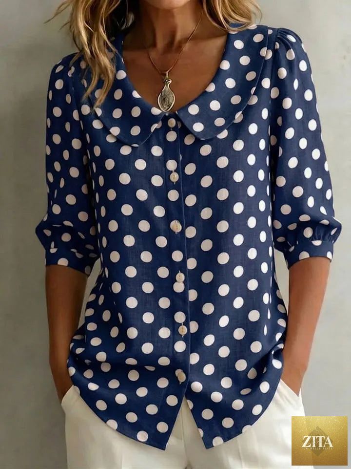 Zita La Belle Elite women's retro polka dot three-quarter sleeve loose cardigan shirt, casual wear with a relaxed fit and vintage style.