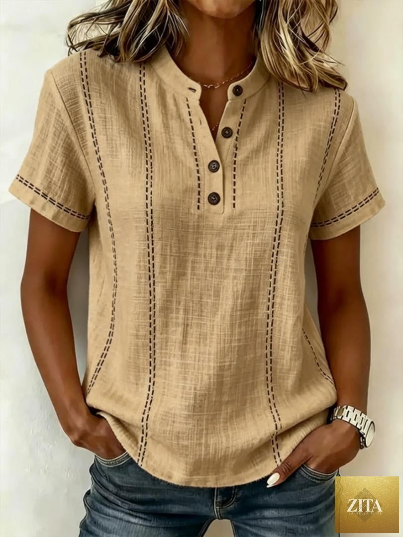 LadyShow.Store summer striped short-sleeve shirt with stand-collar, V-neck, and button blouse for women's casual wear.