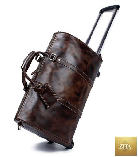 Large capacity cowhide trolley travel bag from Social Buzz eSIMs with sturdy wheels and reinforced handles for easy travel.