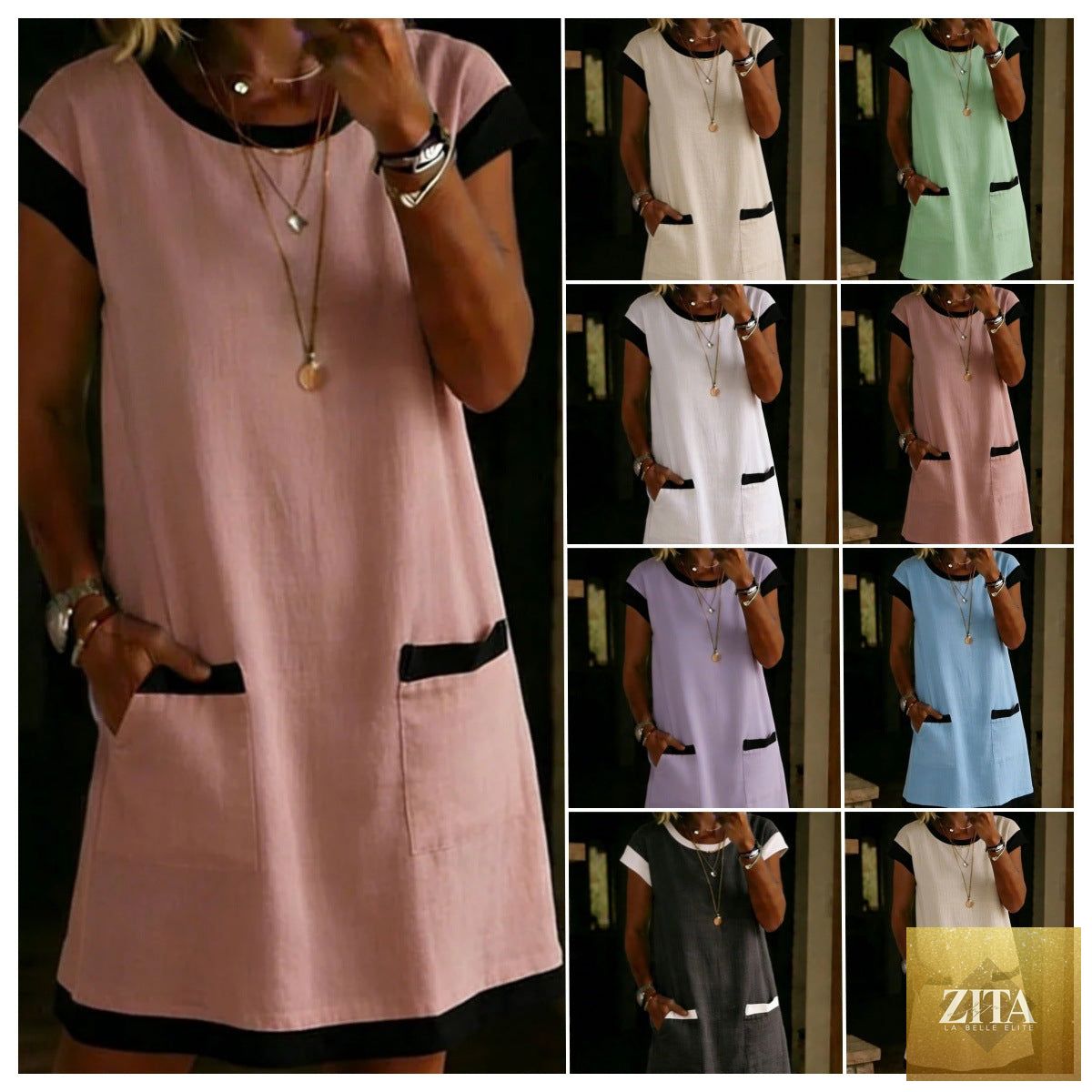 Women's color-block T-shirt mini dress by Zita La Belle Elite showing a casual straight cut with a front pocket and vibrant color panels.