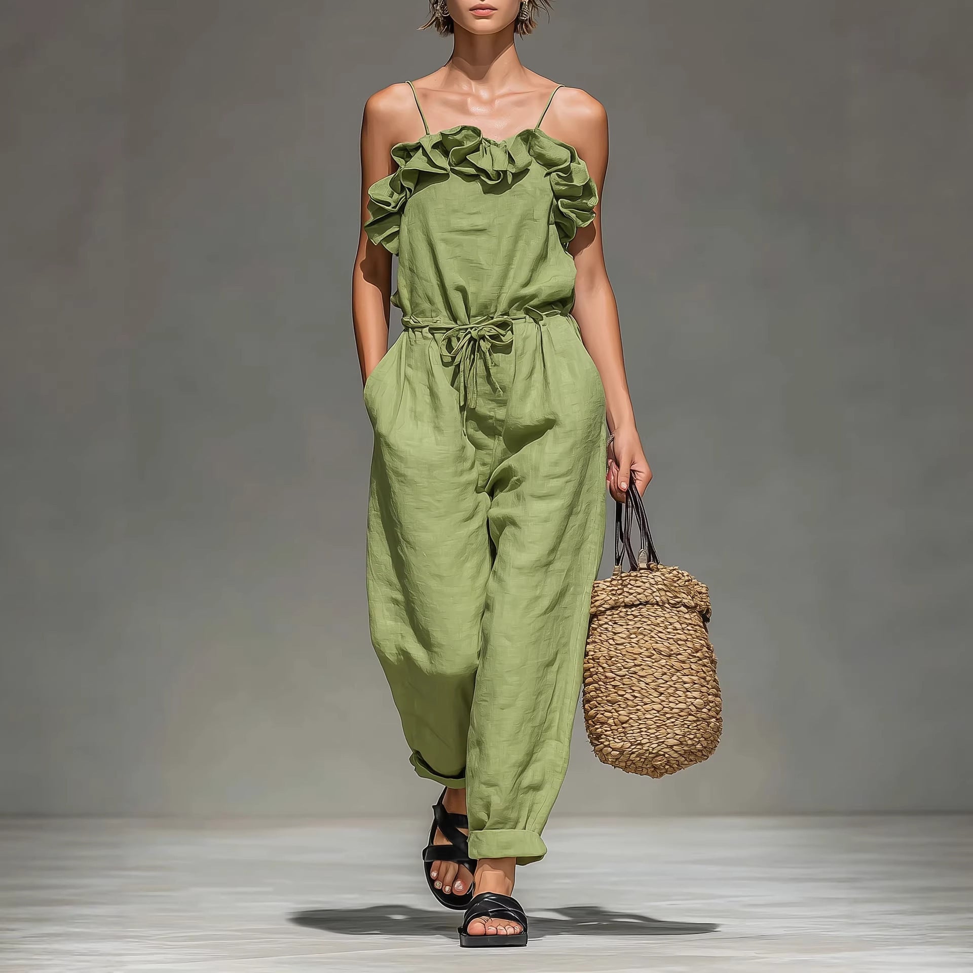 Women's Off-Shoulder Ruffle Wide-Leg Cropped Jumpsuit – Elastic Waist