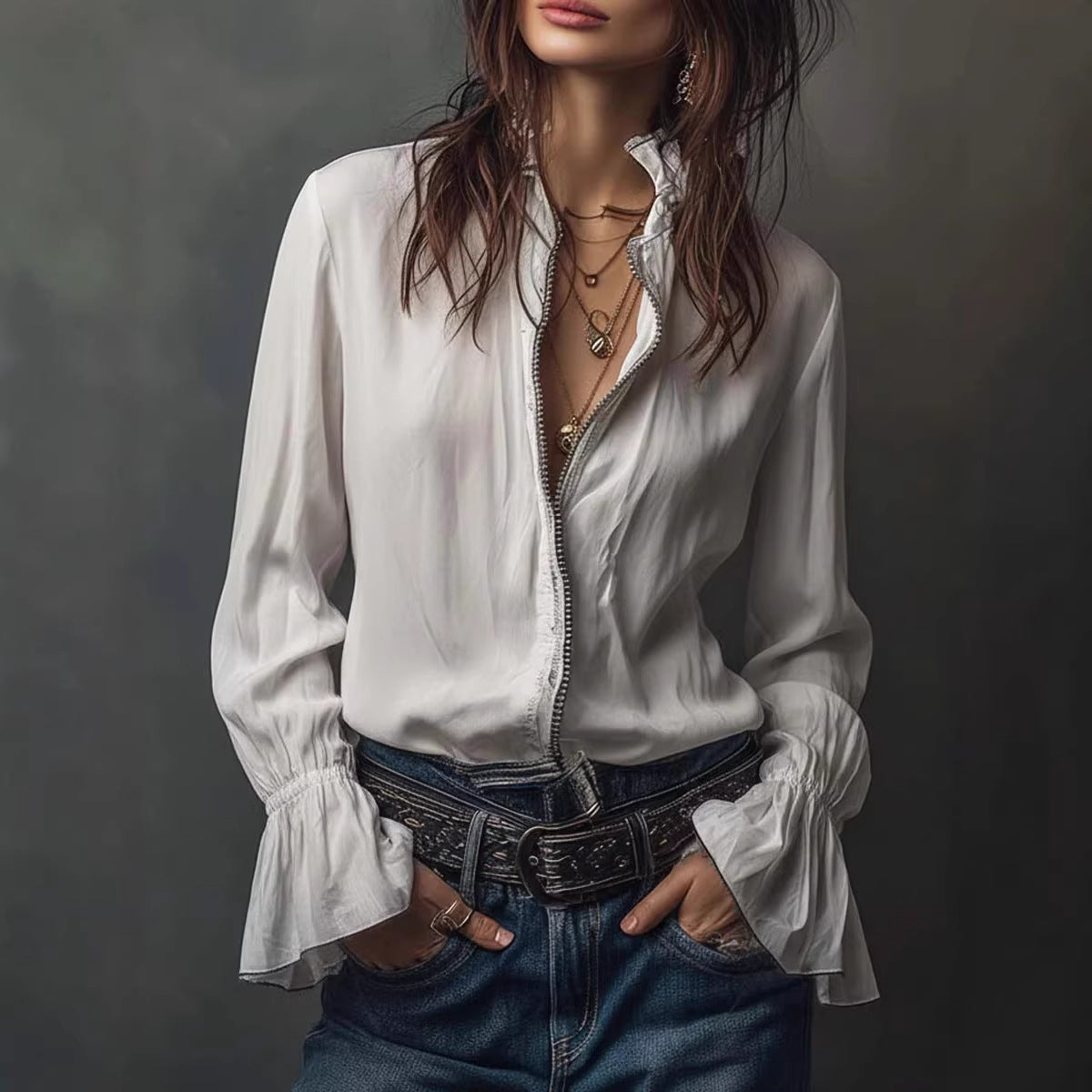 Women's ruffled sleeve resort shirt by FitiqueFit, casual long blouse with stretch fabric and stylish ruffled sleeve details.