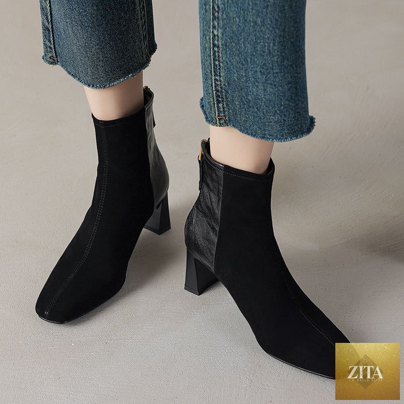 Zita La Belle Elite women's sheepskin square toe ankle boots with chunky heel and Korean patchwork style, showcasing stylish footwear details.
