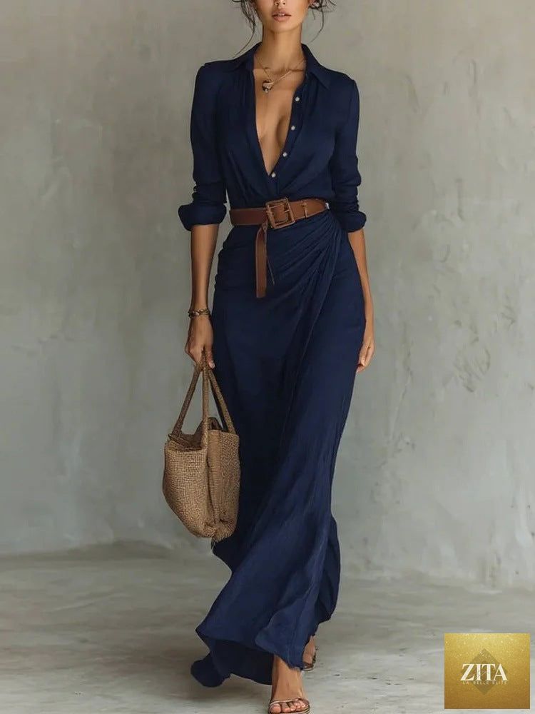 Women's elegant belted ruffle long dress from Zita La Belle Elite, featuring a slim waist and casual, stylish design.