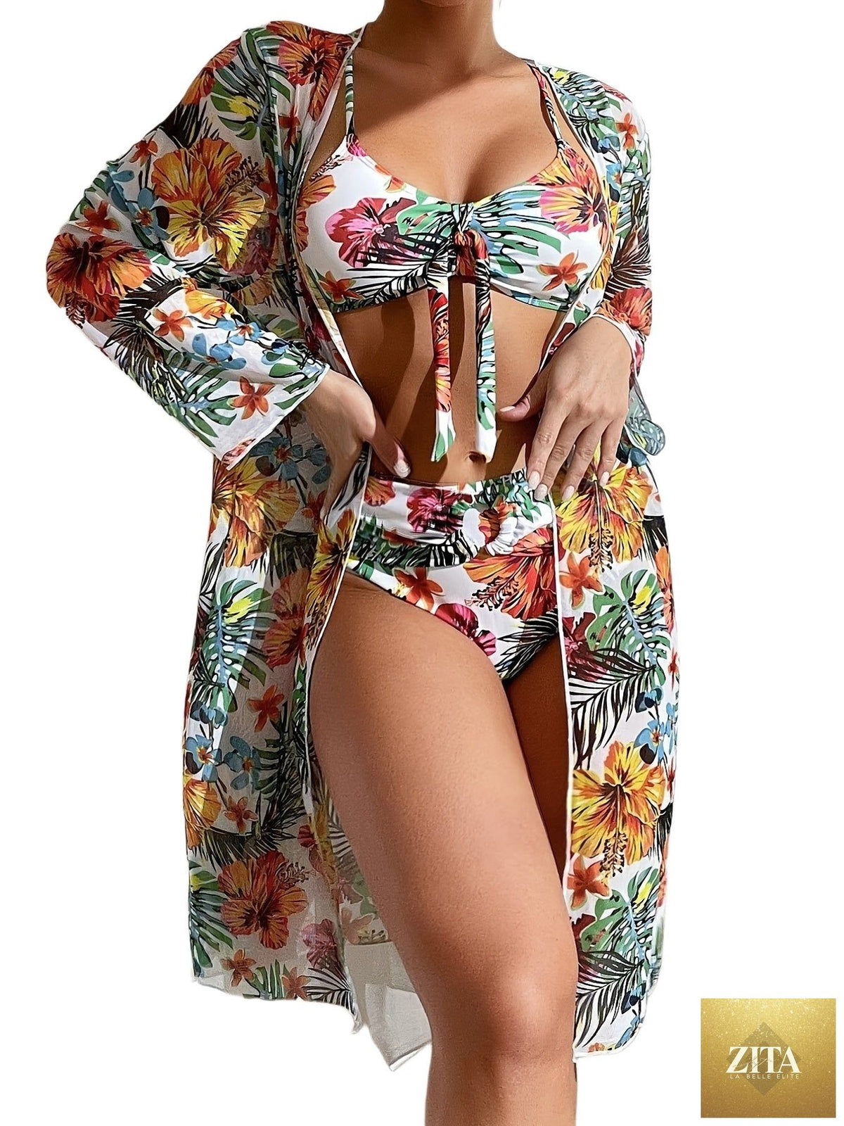 Stevvex Tropical Bloom 3-piece swimsuit set with floral high-waist bikini, crew neck top, spaghetti straps, and matching long sleeve cover-up.