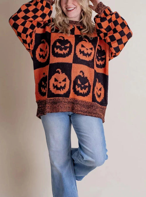 Halloween Cartoon Pumpkin Ghost Sweater Winter Loose Pullover Knitted Crimson Medea