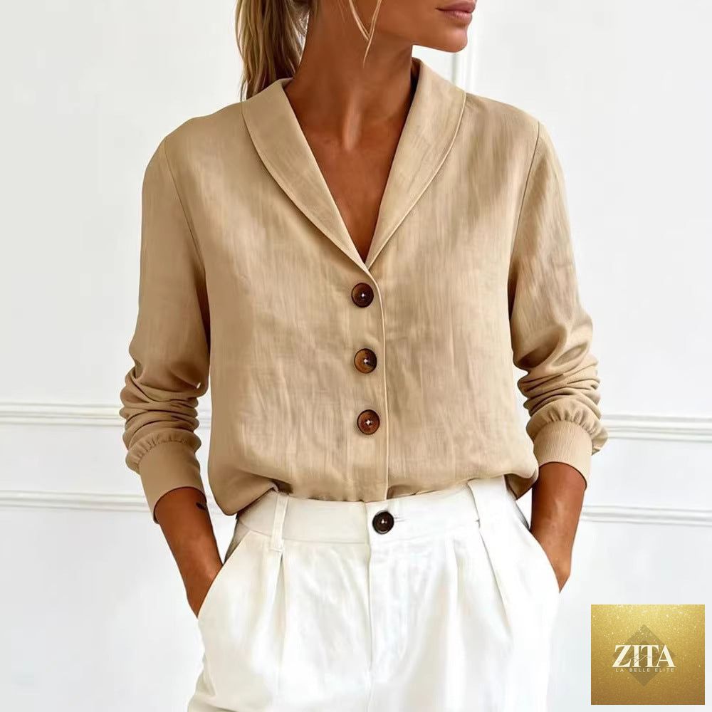 Women's cotton-linen Peter Pan collar button-up shirt by Zita La Belle Elite in 6 colors, featuring a classic collar and long sleeves.