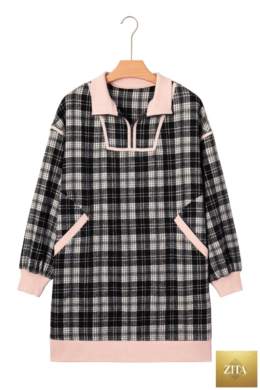 Black plaid mini dress with polo collar, contrast trim, zip-up front, long sleeves, by Wild and Free Boutique.