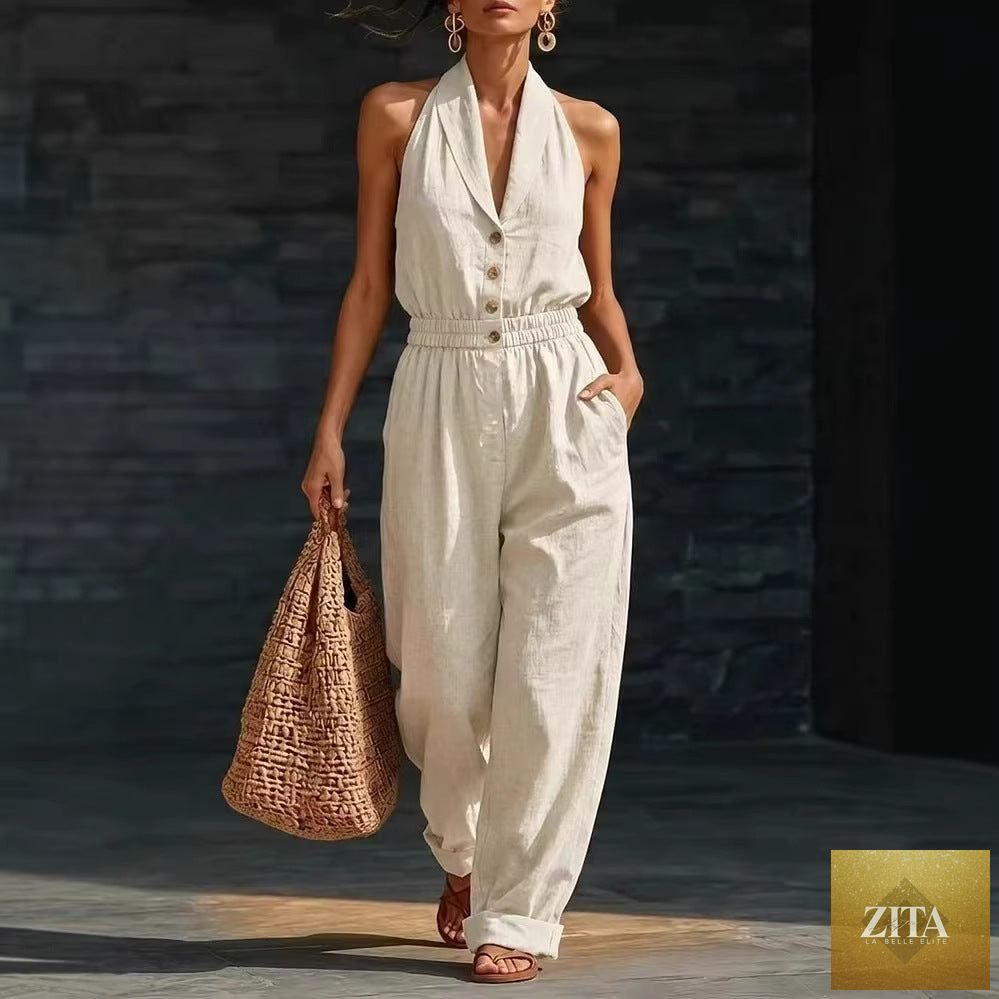 Women's knitted V-neck slim-fit cropped jumpsuit by Zita La Belle Elite, casualwear with a fitted silhouette and V-neck design.