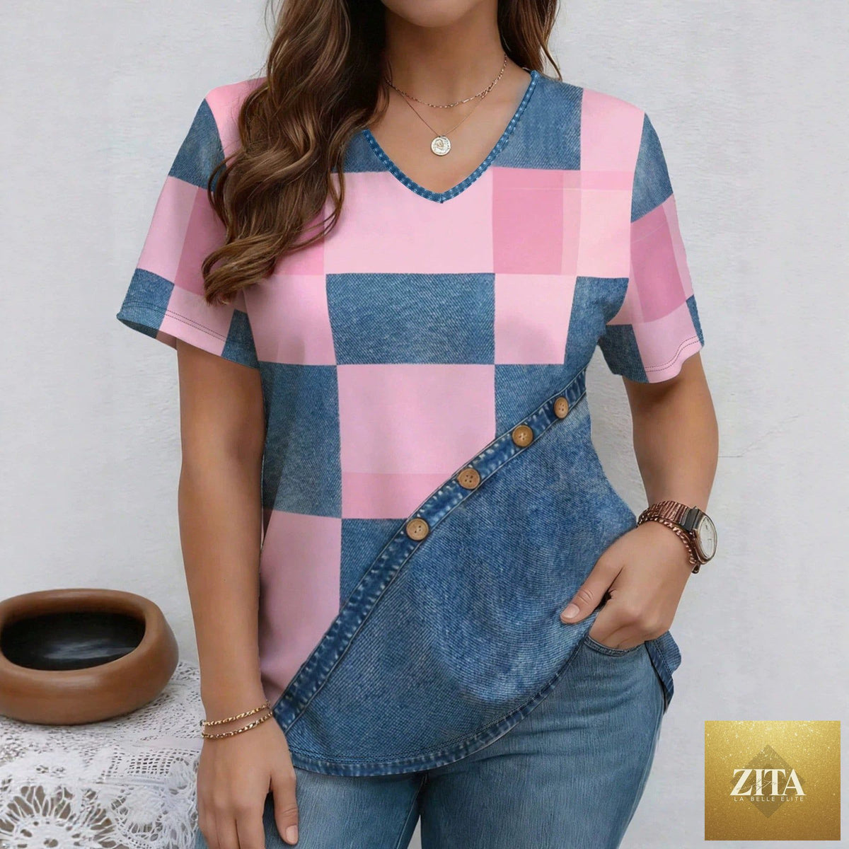 Zita La Belle Elite V-neck denim print short sleeve casual T-shirt, loose fit, stylish casualwear for everyday wear.