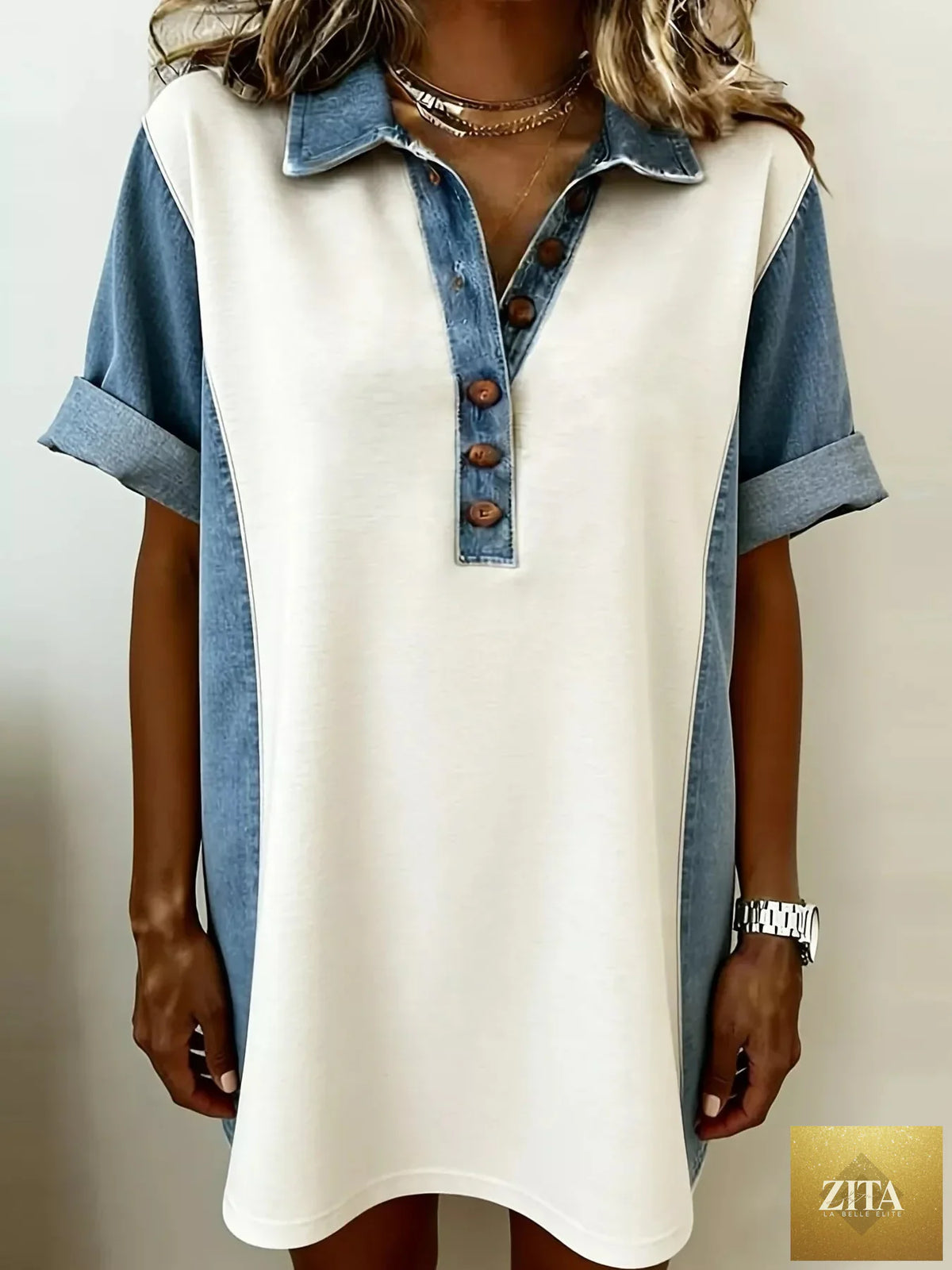 Denim patchwork button-front mini dress by Shopiebay with long sleeves and a fitted silhouette, displayed on a model.