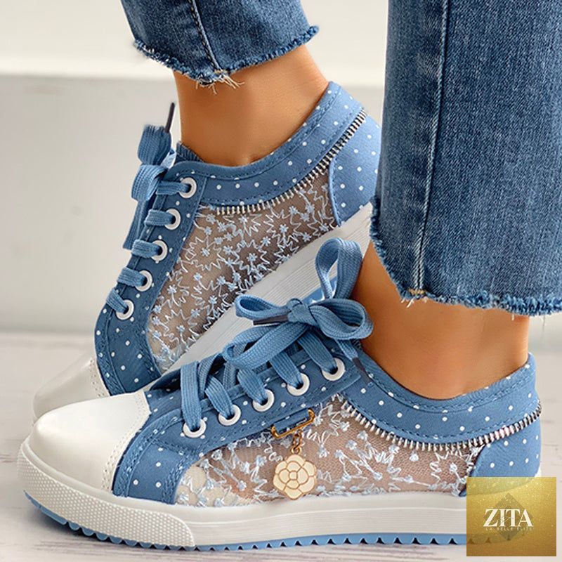 Women’s floral embroidered polka dot print sneakers by FitiqueFit, casual canvas shoes with colorful floral embroidery and polka dot design.