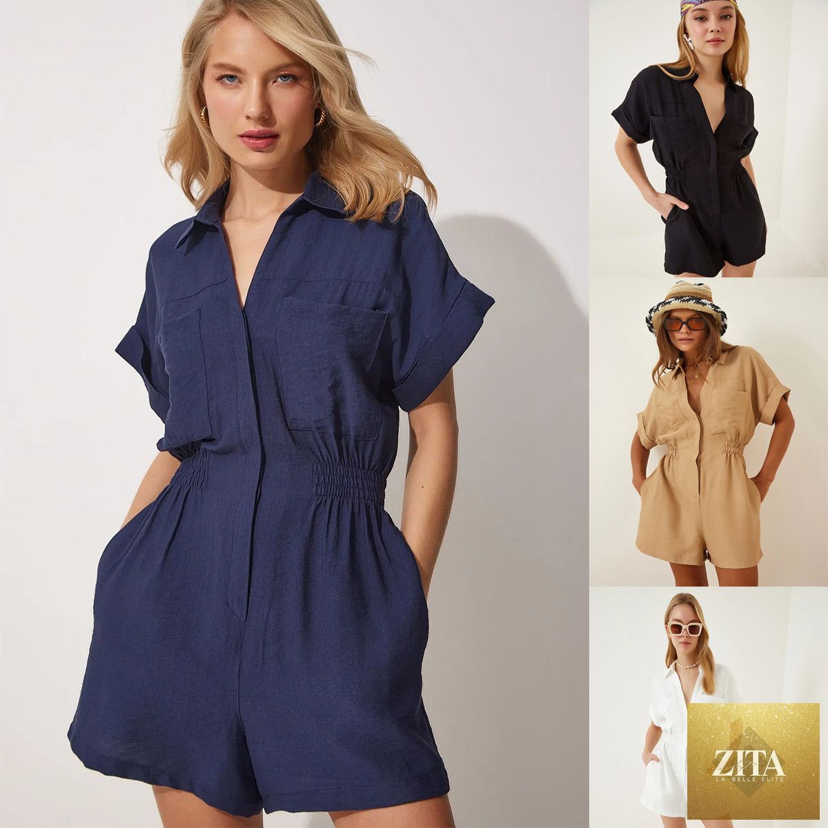 Women's cotton linen loose-fit workwear jumpsuit with pockets by Zita La Belle Elite, featuring a casual, comfortable style.