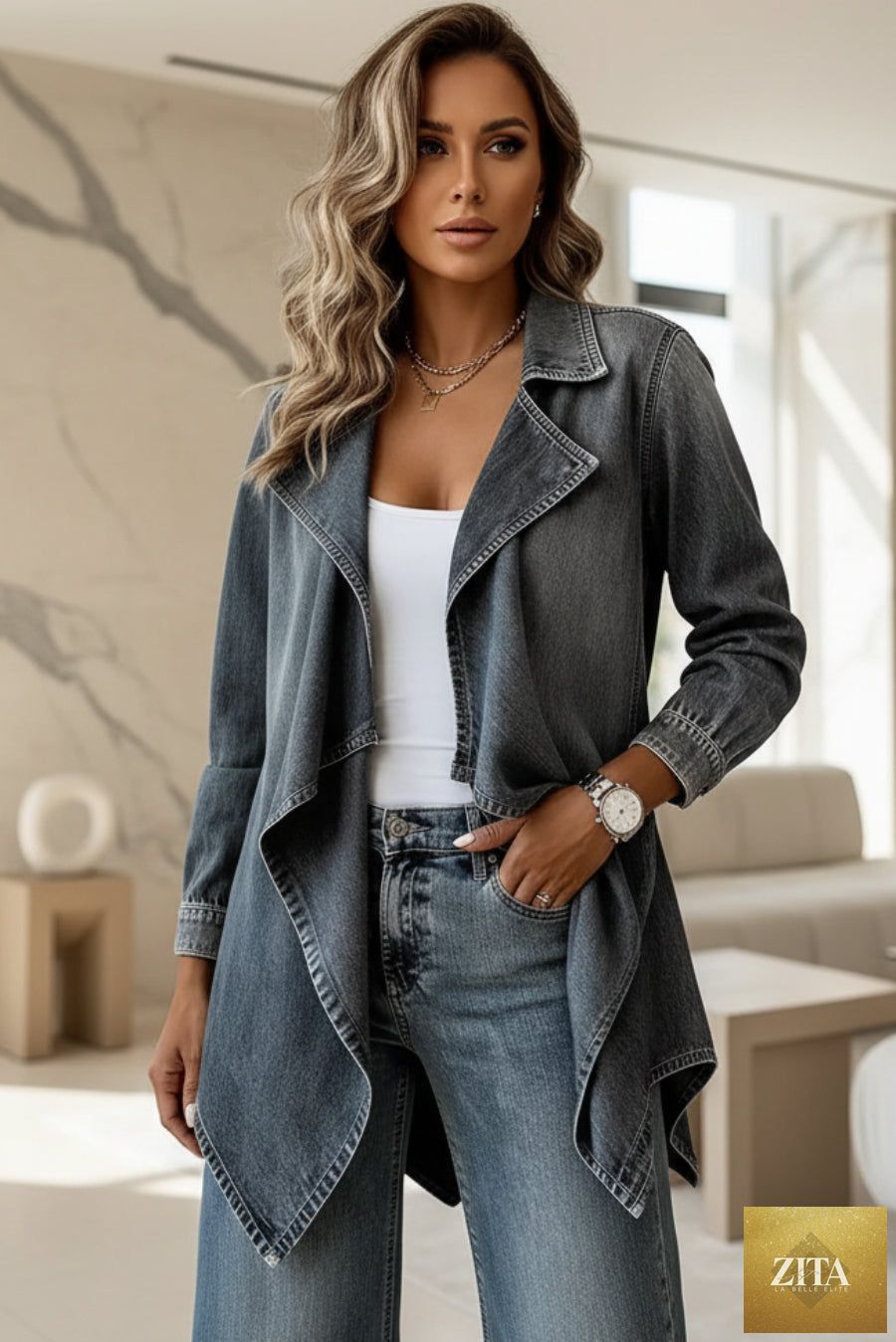 Open-Front Waterfall Hem Denim Trench Jacket