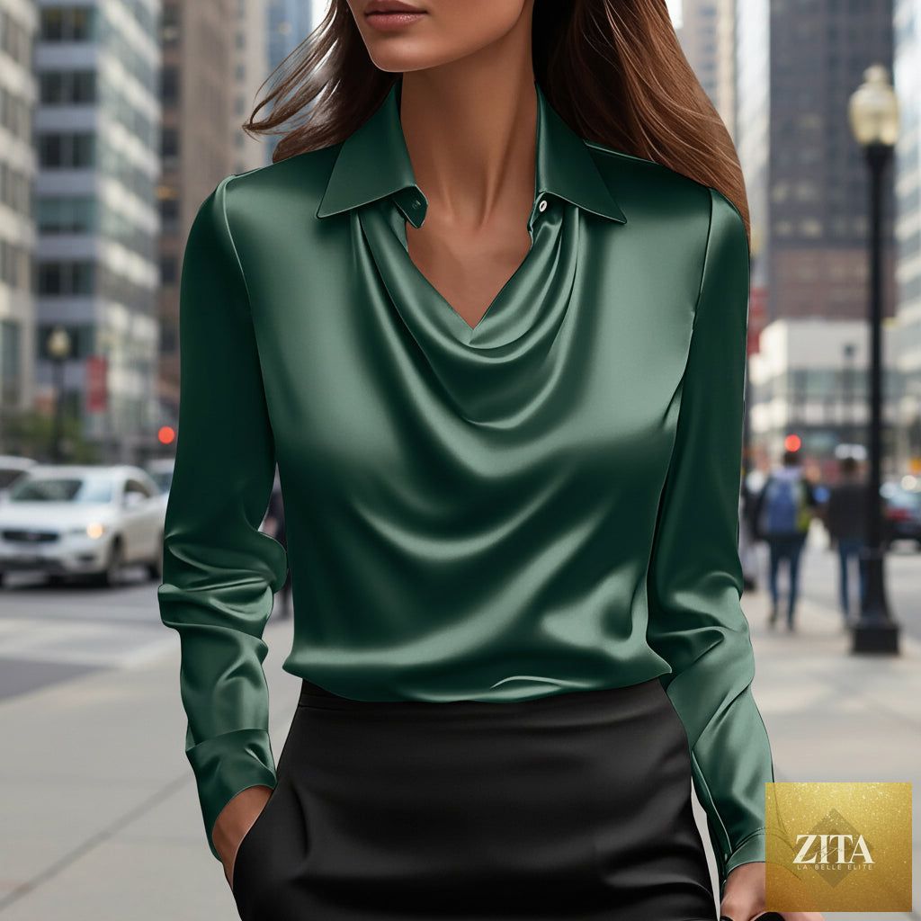 Long sleeve satin swing collar top by FitiqueFit, featuring a sleek, elegant casualwear shirt with a relaxed fit and stylish design.