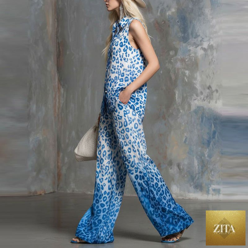 Zita La Belle Elite loose-fit leopard-print sleeveless shirt and matching trousers two-piece casualwear set displayed on a hanger.