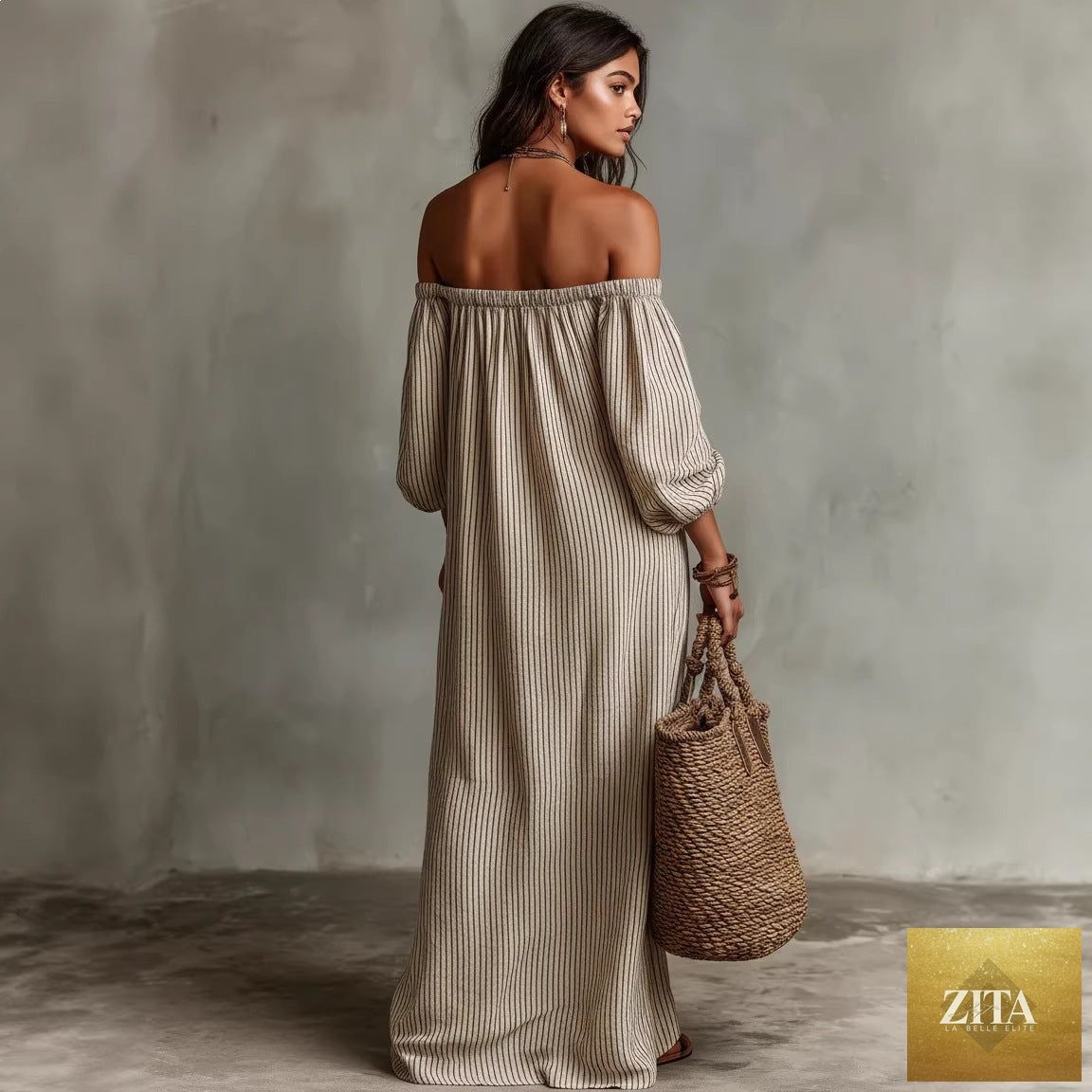 Women's off-shoulder long-sleeve maxi dress by Zita La Belle Elite, casualwear with flowing fabric and stylish design.