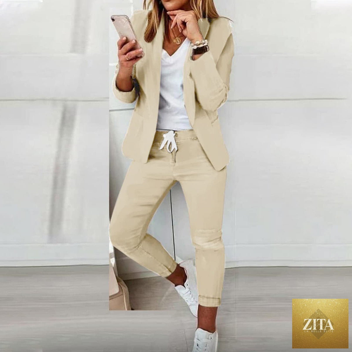 FitiqueFit two-piece blazer and drawstring trousers OL suit in multiple colors, featuring a tailored lapel blazer and comfortable trousers.