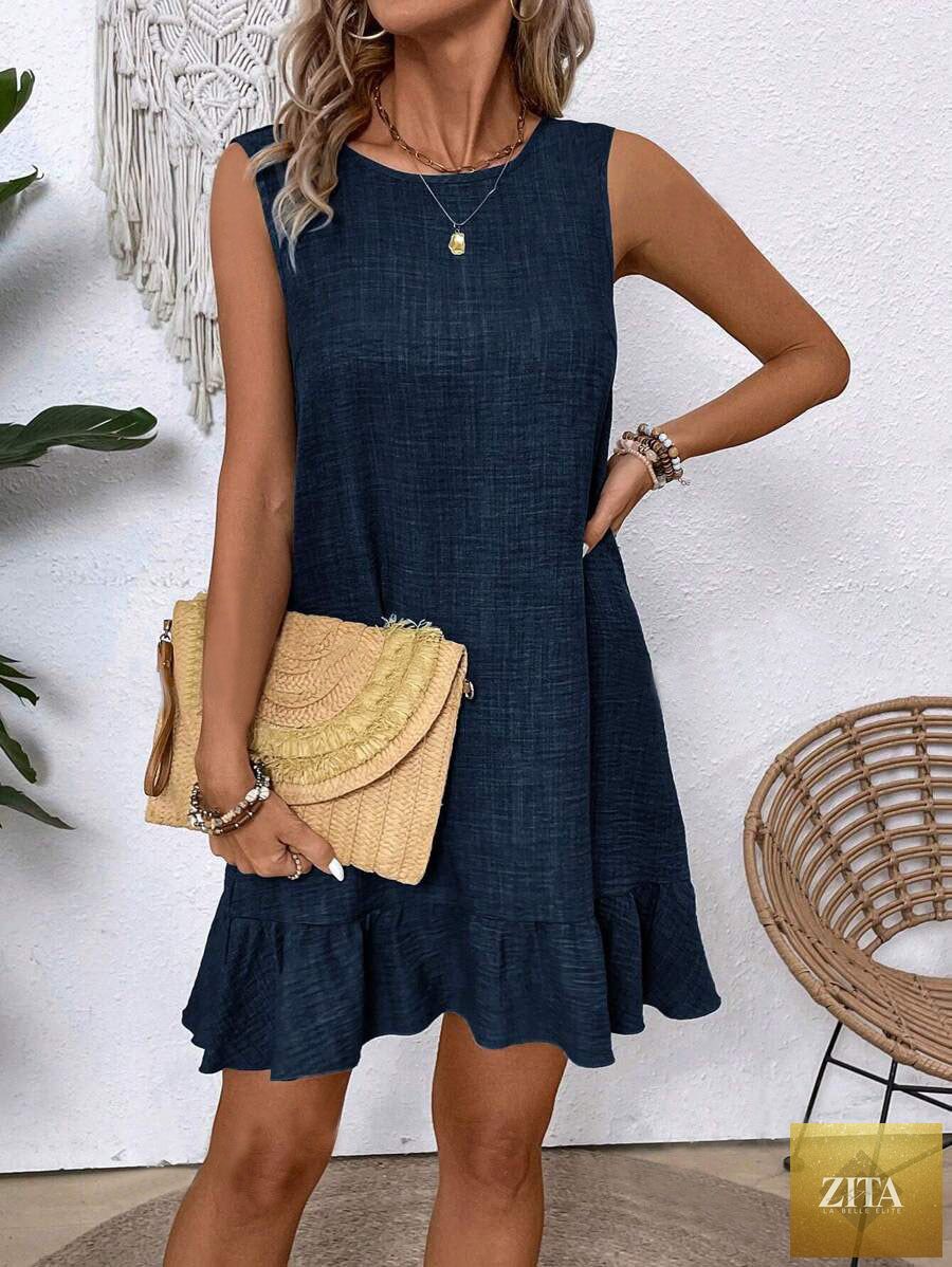Women's ruffle lace-up mini dress by FitiqueFit, short sleeve loose beach dress with ruffle details and casual style.