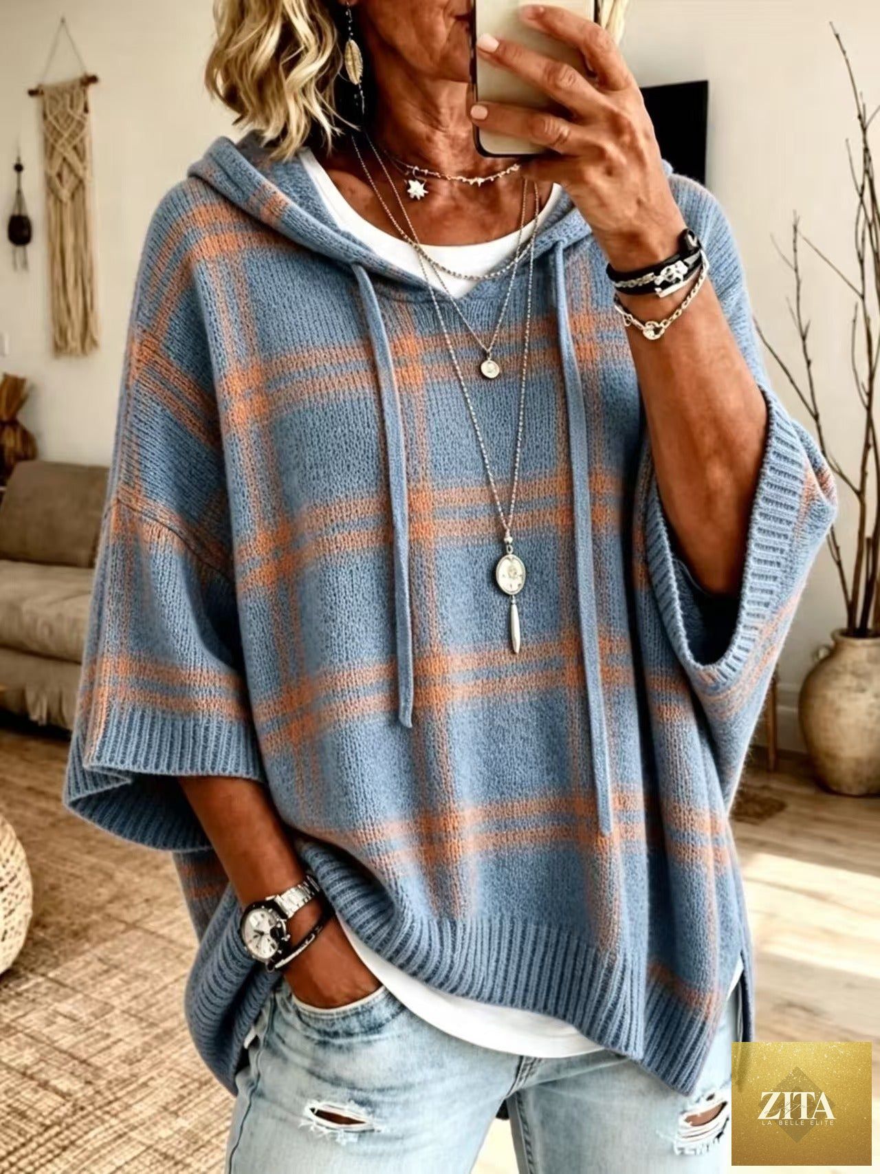 Plaid Knit Hooded Batwing Sweater
