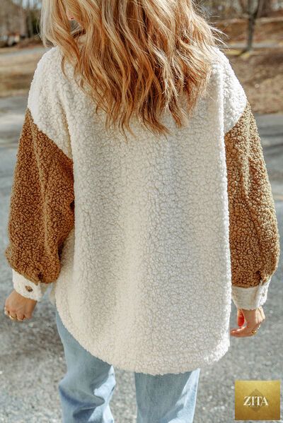 Women Stevvex cute sherpa jacket with button closure, collared neck, and retro style, showcasing soft, plush fabric and vintage-inspired design.