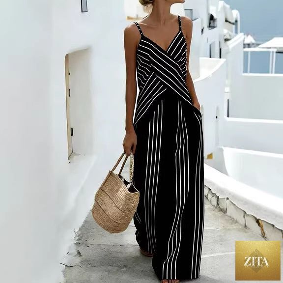 Women's striped V-neck sleeveless two-piece casualwear set by FitiqueFit, featuring a fitted top and matching striped skirt.