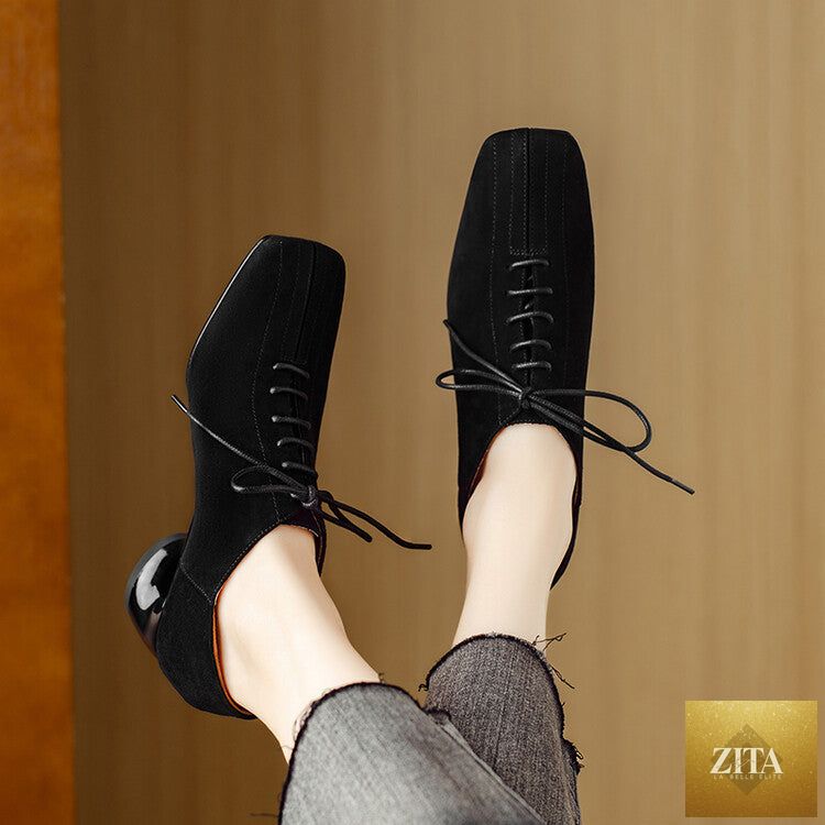 Women's retro sheepskin square toe chunky heel pumps by Zita La Belle Elite, featuring lace-up design and mid heel height.