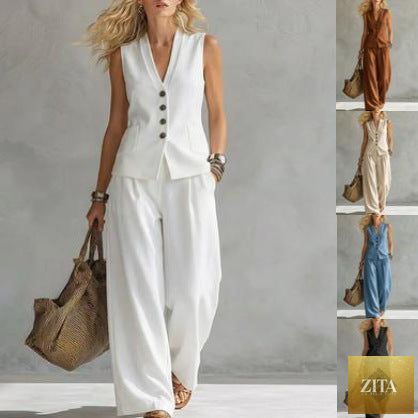 Women's solid linen sleeveless tank top and full-length pants set by Zita La Belle Elite, casualwear outfit on a model.